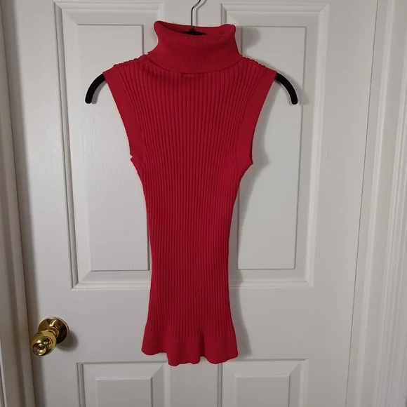 Women's Knit Ribbed Sleeveless Turtleneck In Poppy Red Size Medium - Picture 6 of 9